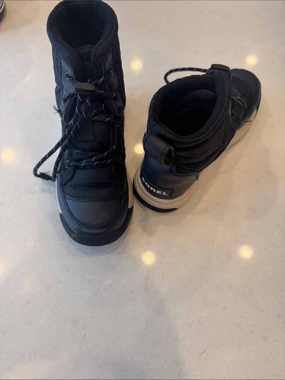 Sorel Kids Black Lace-Up Winter Boots light doodle on sides see pictures